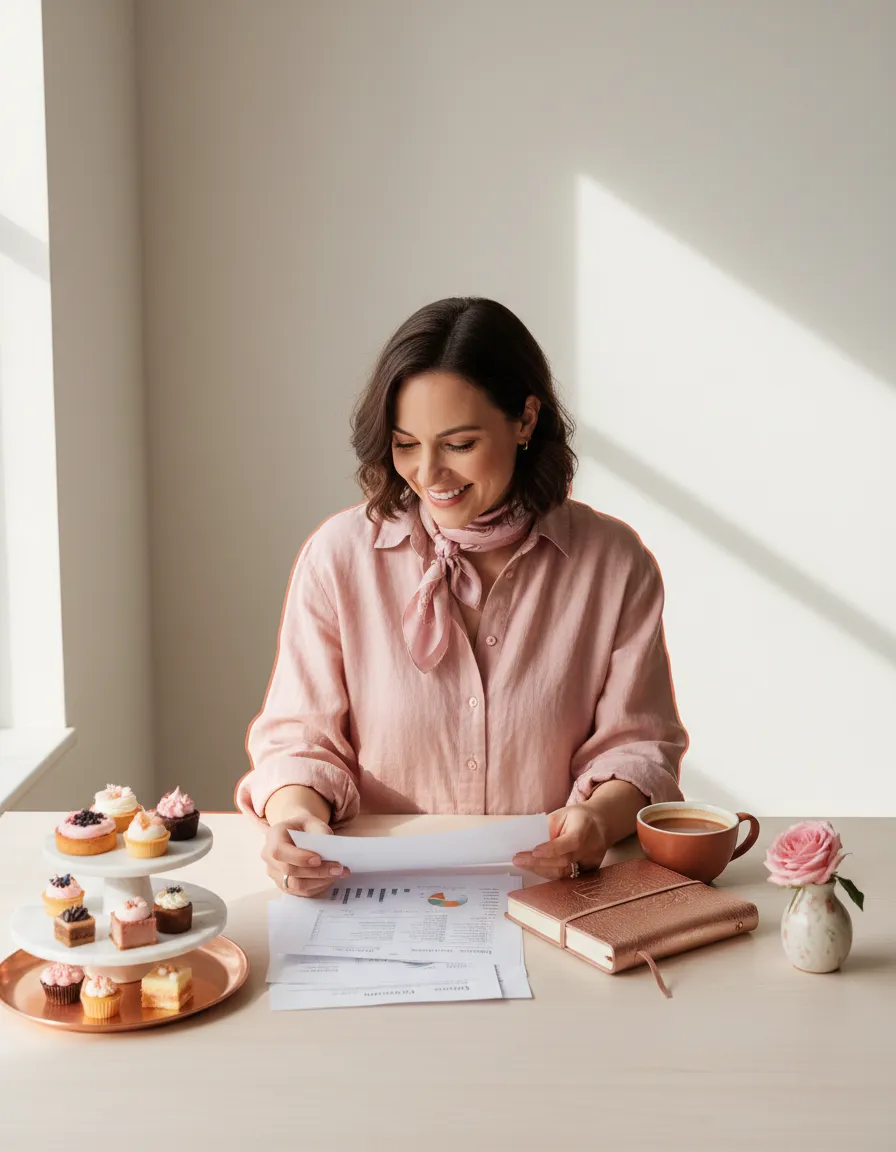 Emprendedora pastelera planificando costos con una sonrisa