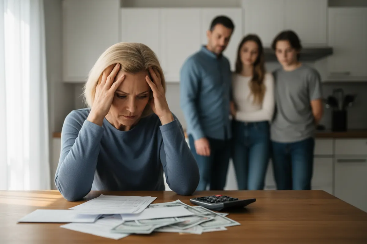 Una mujer de mediana edad preocupada revisa facturas en la mesa de la cocina, con una calculadora en la mano y una familia preocupada al fondo.