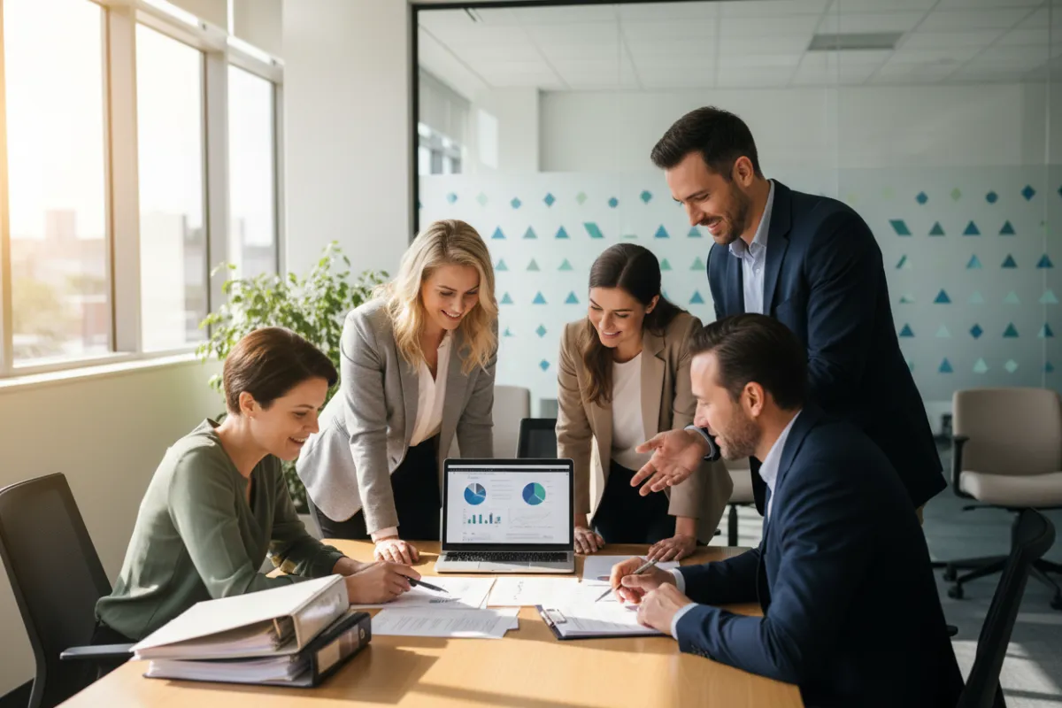 Un grupo de adultos con vestimenta semiformal se reúne alrededor de una mesa, colaborando en un plan cooperativo; se observan documentos legales y una computadora portátil.