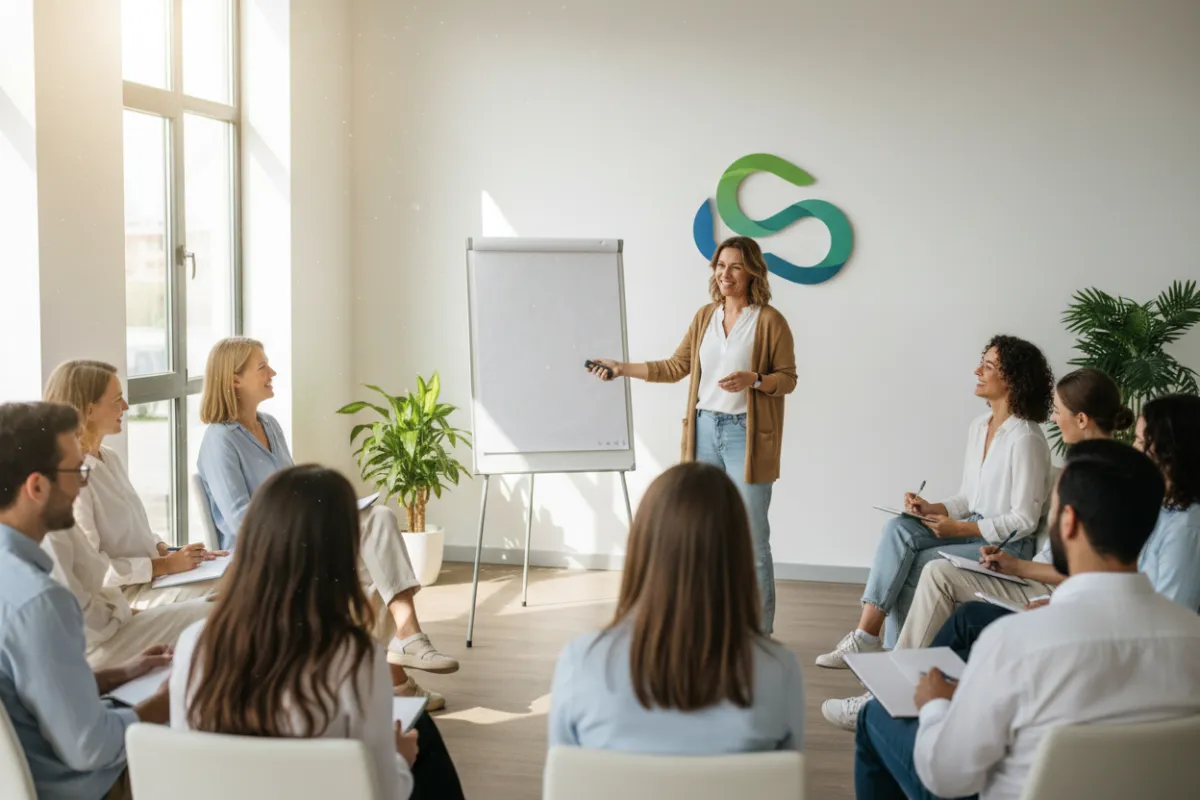 Un facilitador amable dirige una sesión de orientación para un pequeño grupo en una sala luminosa, con participantes escuchando y tomando notas.