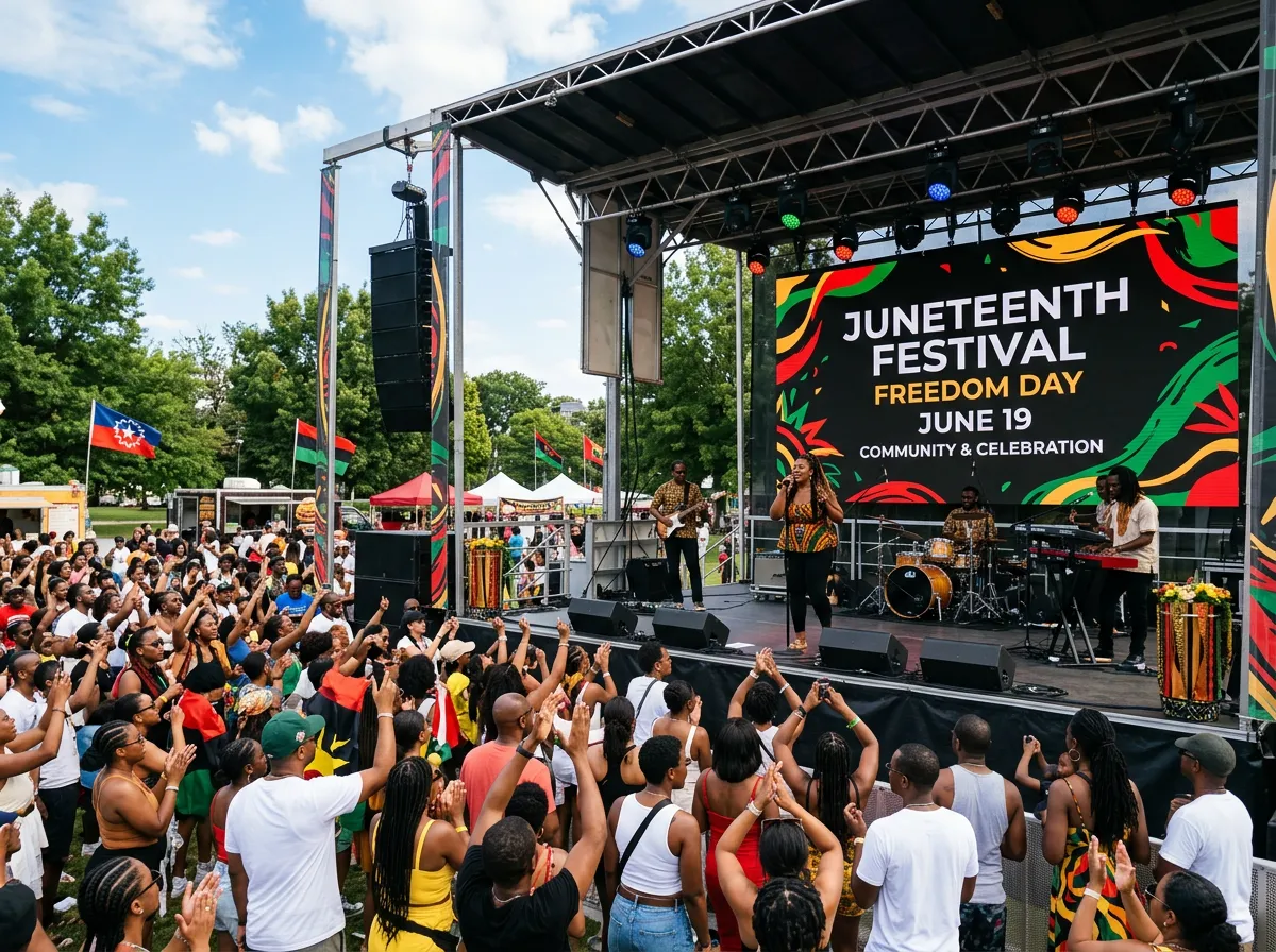 Outdoor festival stage with a digital Juneteenth sign, performers, and crowd.