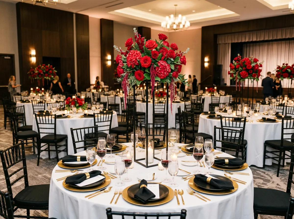 Banquet room setup with round tables, gold chargers, black plates, and tall red floral centerpieces.