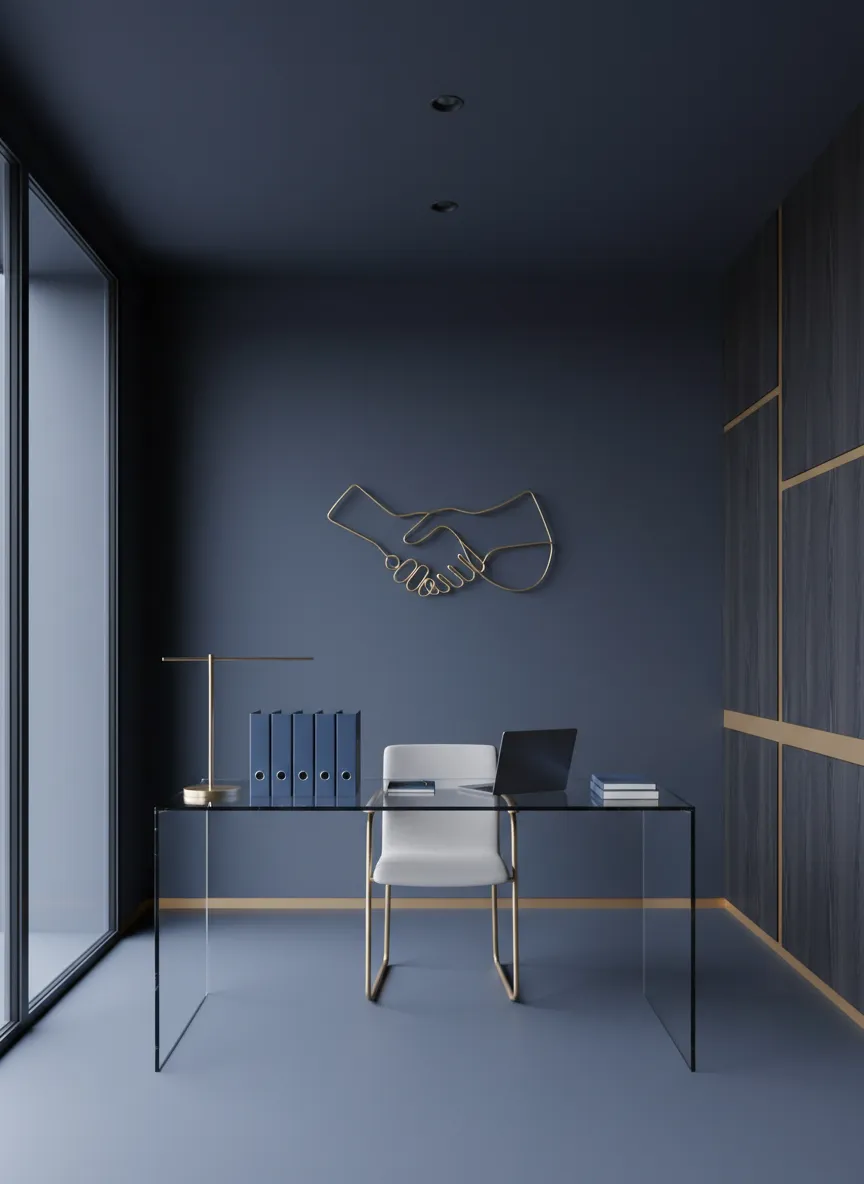 Premium office architectural shot with a subtle navy wash, representing security and authority.