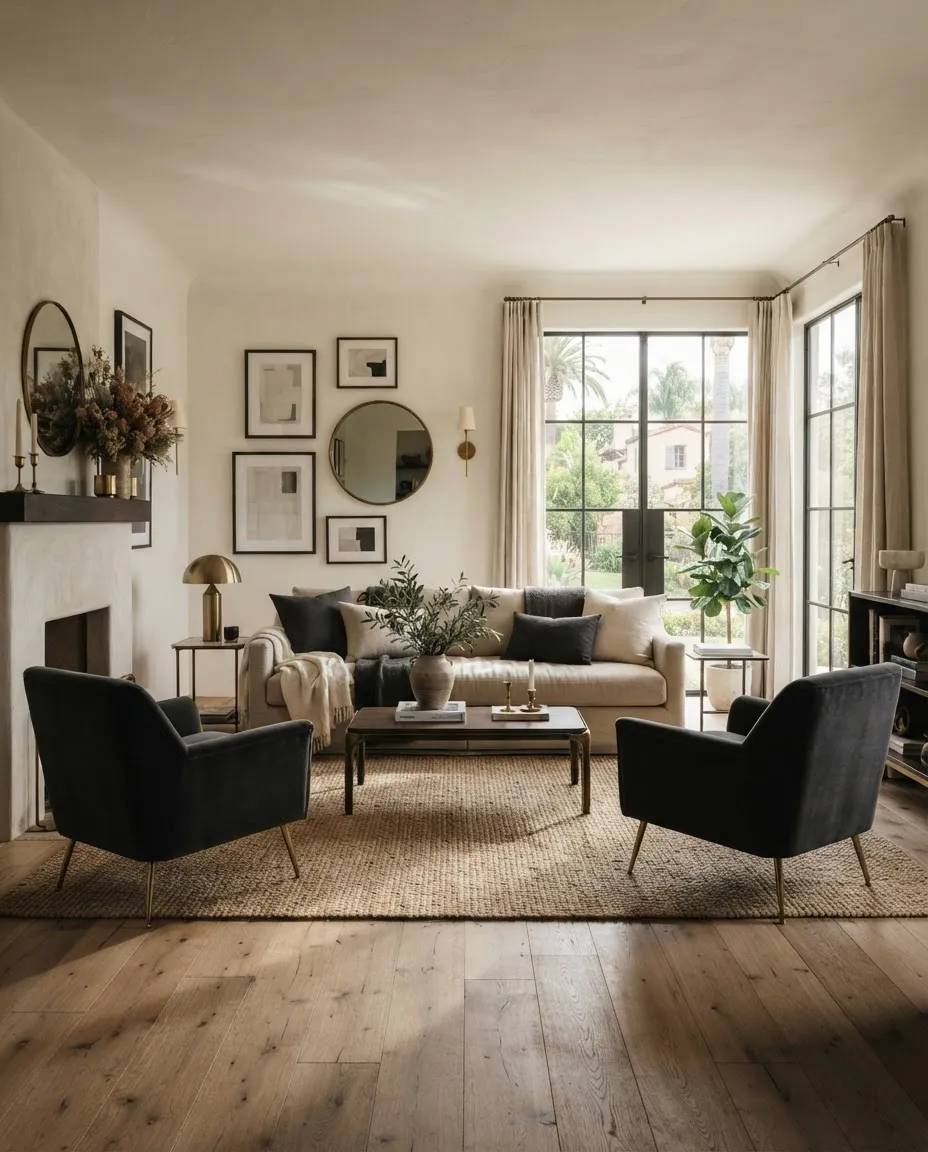 Warm and inviting luxury architectural home interior in Southern California featuring serene natural wood elements and soft ambient daylight