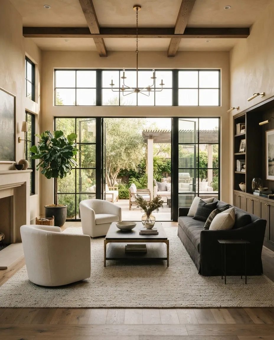 Architectural Southern California luxury home interior with warm natural lighting and expansive glass pocket doors