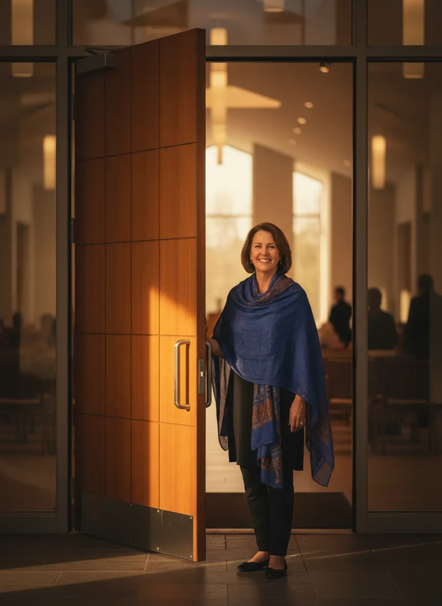 A warm, natural light photograph of the greeting team by the sanctuary doors