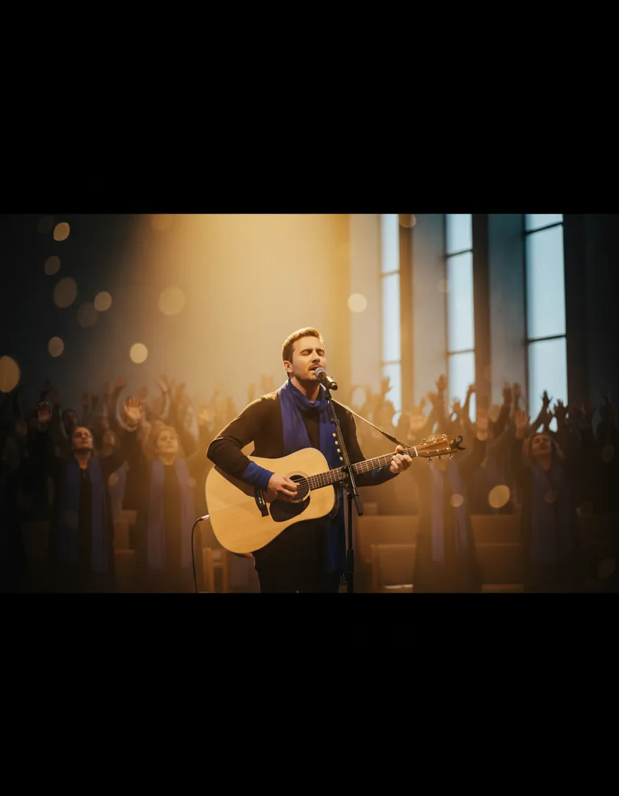 Worship gathering with authentic golden hour lighting