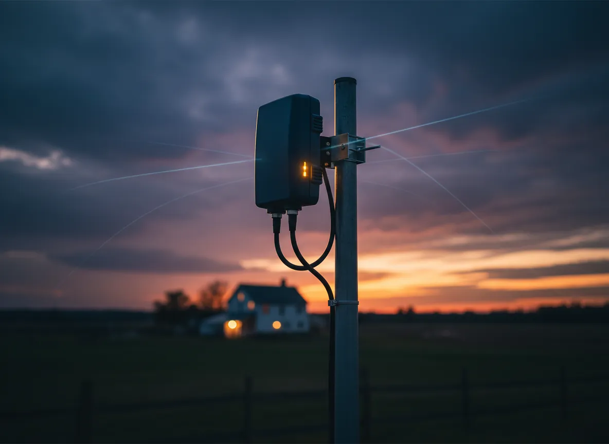 Long-range 4G wireless bridge antenna installed on a farm