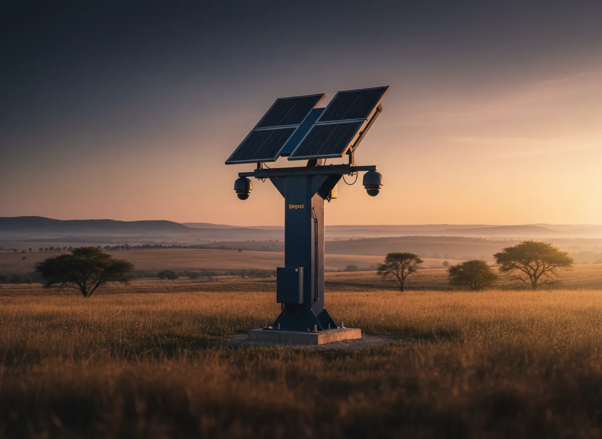 Solar powered CCTV tower deployed on a rural property