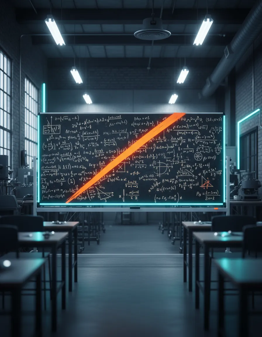 A desaturated blue-tinted whiteboard with academic theory, aggressively crossed out by an orange marker stroke.