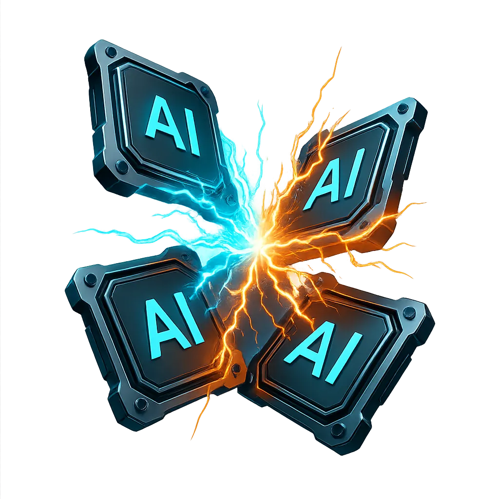 High-contrast cutout battle graphic of Hermes, Muse, Instinct, and Grokbot AI agent interfaces clashing