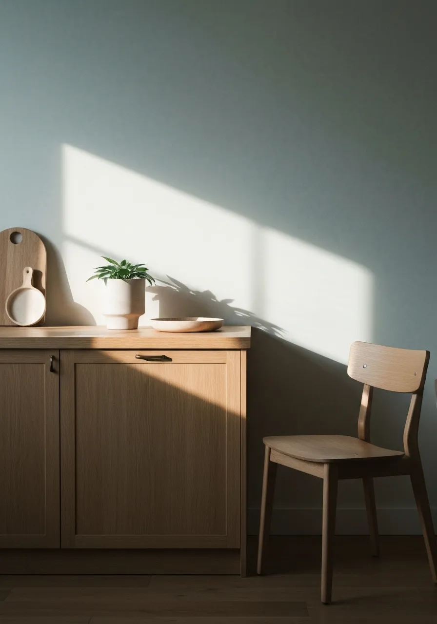Soft morning light pouring over wooden furniture