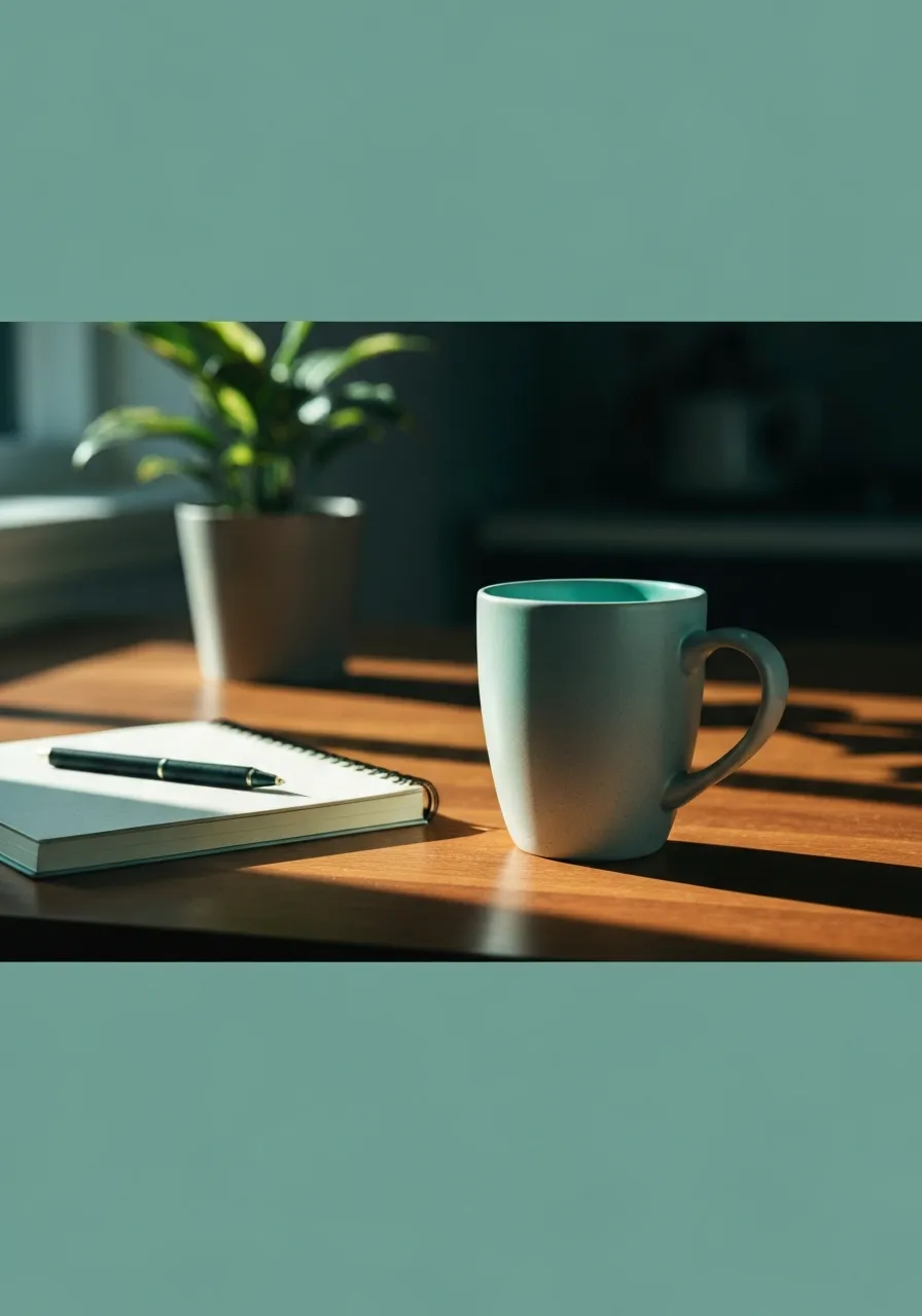 A quiet moment with a ceramic mug on a wooden table, illuminated by soft natural light