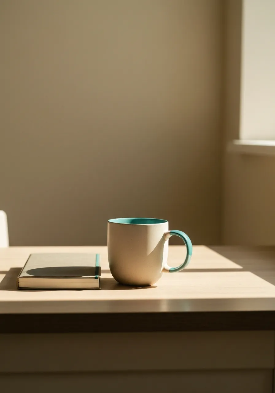 A ceramic mug and notebook on a sunlit kitchen table