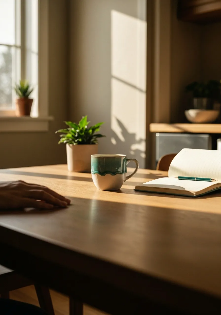 A quiet kitchen table bathed in natural golden hour light with a ceramic mug and open notebook