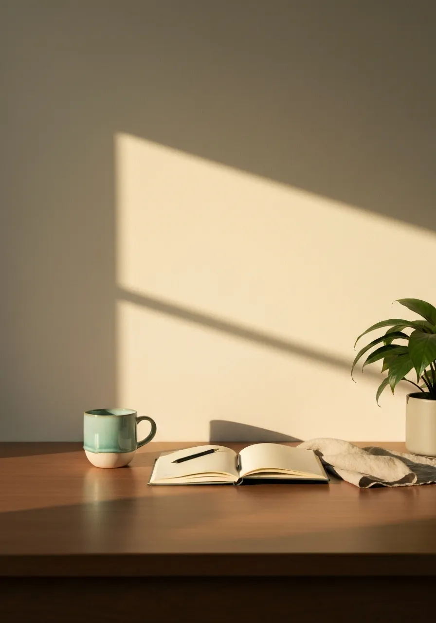 A warm kitchen table with a ceramic mug and an open notebook, softly lit by golden hour light