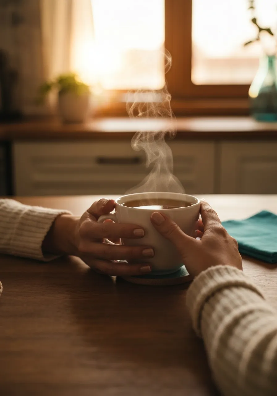 Close up of hands holding a warm cup of tea