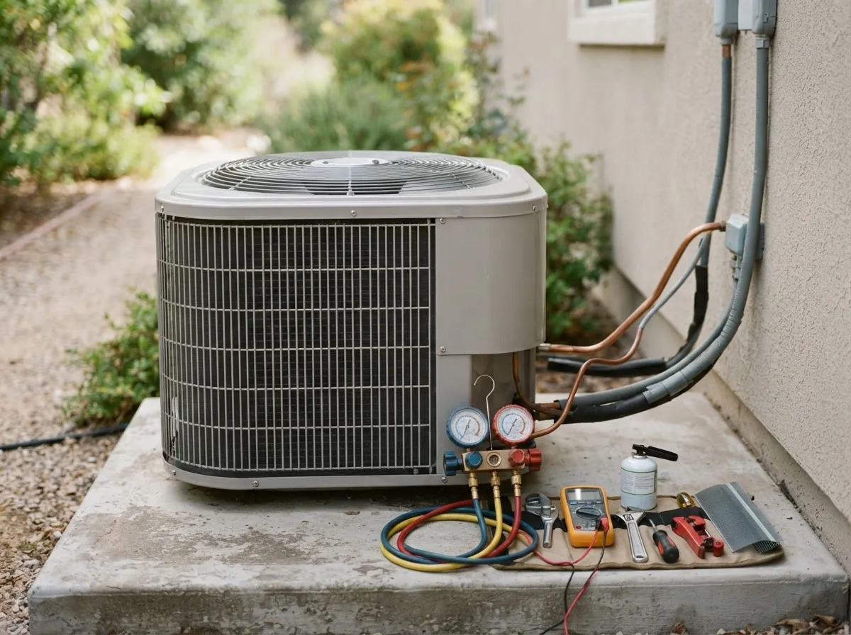 Outdoor air conditioning condenser with HVAC service tools