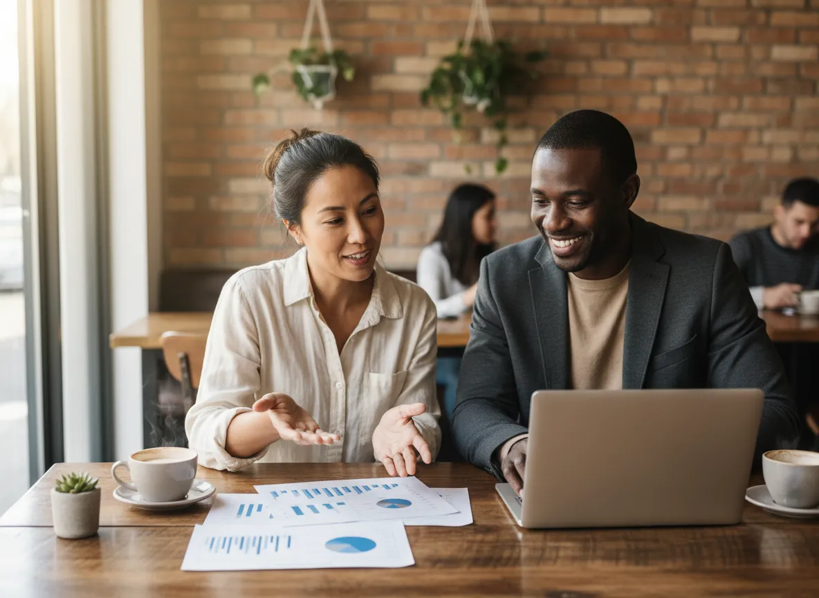 Small business owner reviewing finances with a confident advisor at Everstone Management Solutions LLC