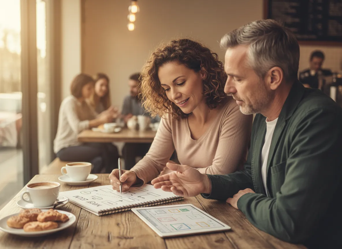 Owner and advisor smiling over cafe table with financial documents and laptop