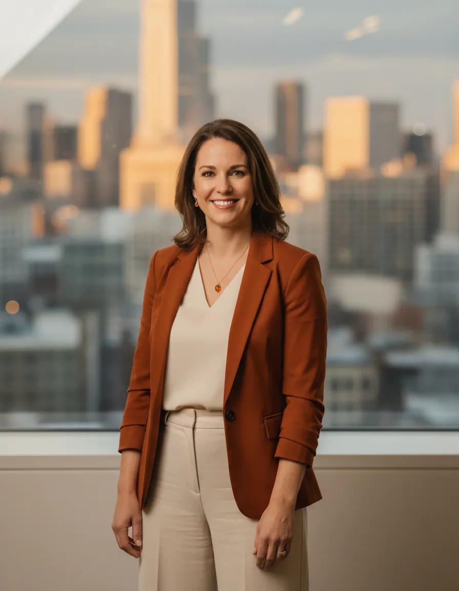 Everstone advisor smiling in office with city in background
