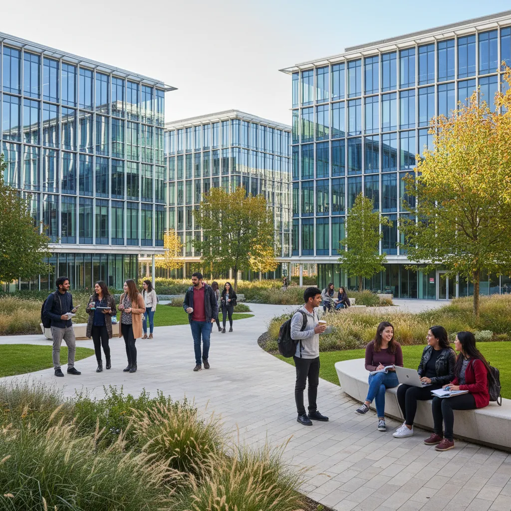 Modern UK university campus with contemporary glass buildings and students in a landscaped courtyard