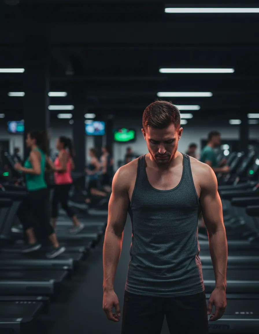 Frustrated gym-goer in a crowded facility