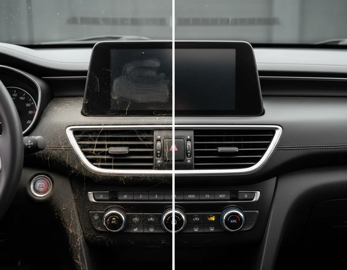 Before and after of a restored and protected car dashboard.