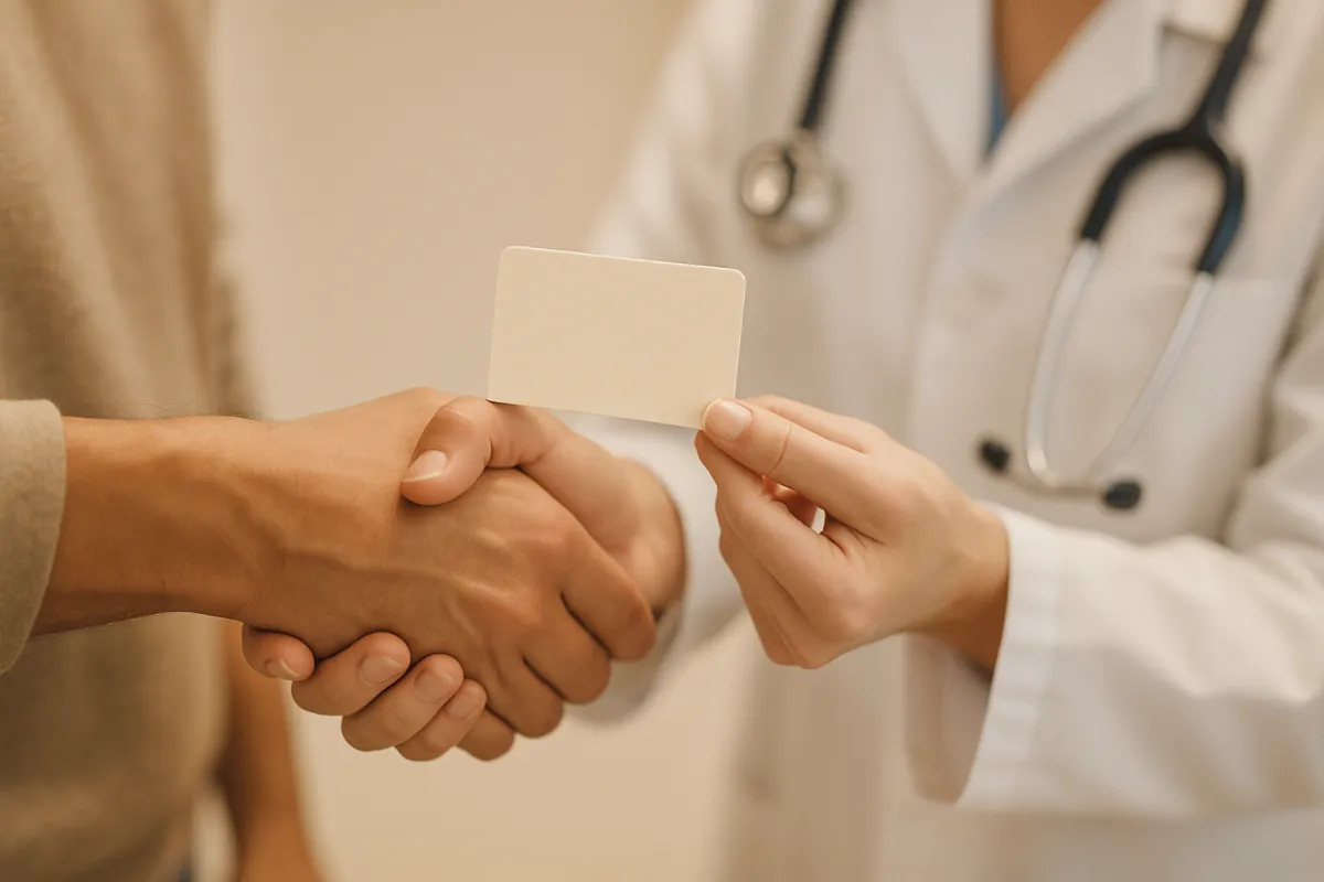 Patient and clinician hands exchanging a clinic appointment card