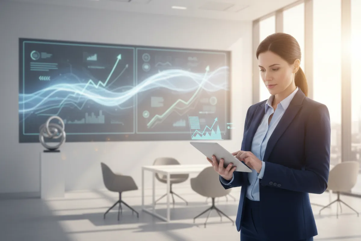 A confident small business owner stands in a modern office, reviewing funding documents on a digital tablet. The background features subtle financial charts and a bright, optimistic atmosphere, representing growth and opportunity for small businesses.