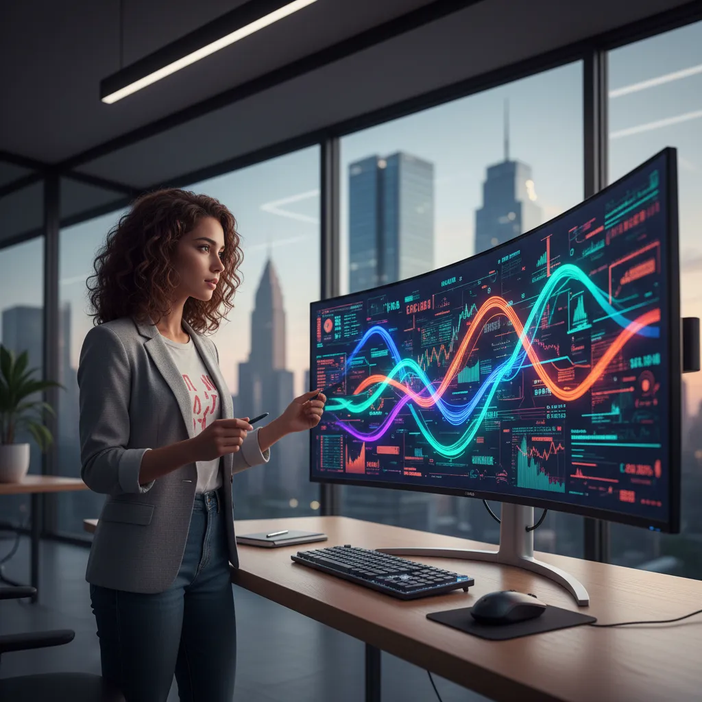 A young entrepreneur in her 20s, analyzing real-time financial data on a large monitor in a tech-forward workspace. The screen displays colorful graphs and metrics, emphasizing instant access to key business insights.