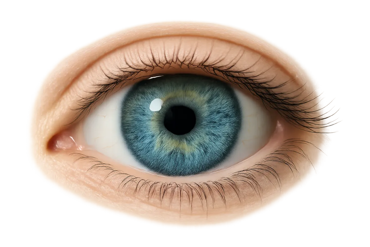Close-up human eye with blue-green iris on transparent background