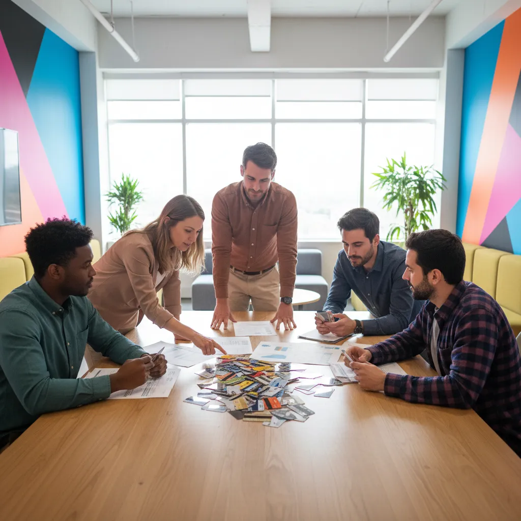 A diverse group of entrepreneurs gather around a table, reviewing a stack of credit cards and financial documents. The setting is a modern coworking space, with vibrant colors and collaborative energy, symbolizing creative funding strategies.