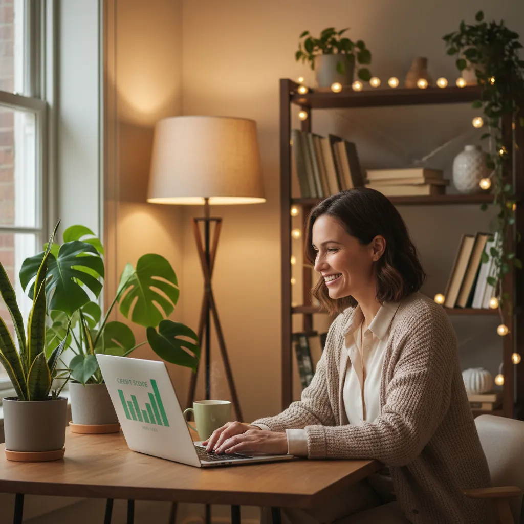 A businesswoman in her 30s, smiling as she checks her credit score on a laptop in a cozy home office. The scene is bright, with plants and soft lighting, conveying ease and reassurance about the funding process.