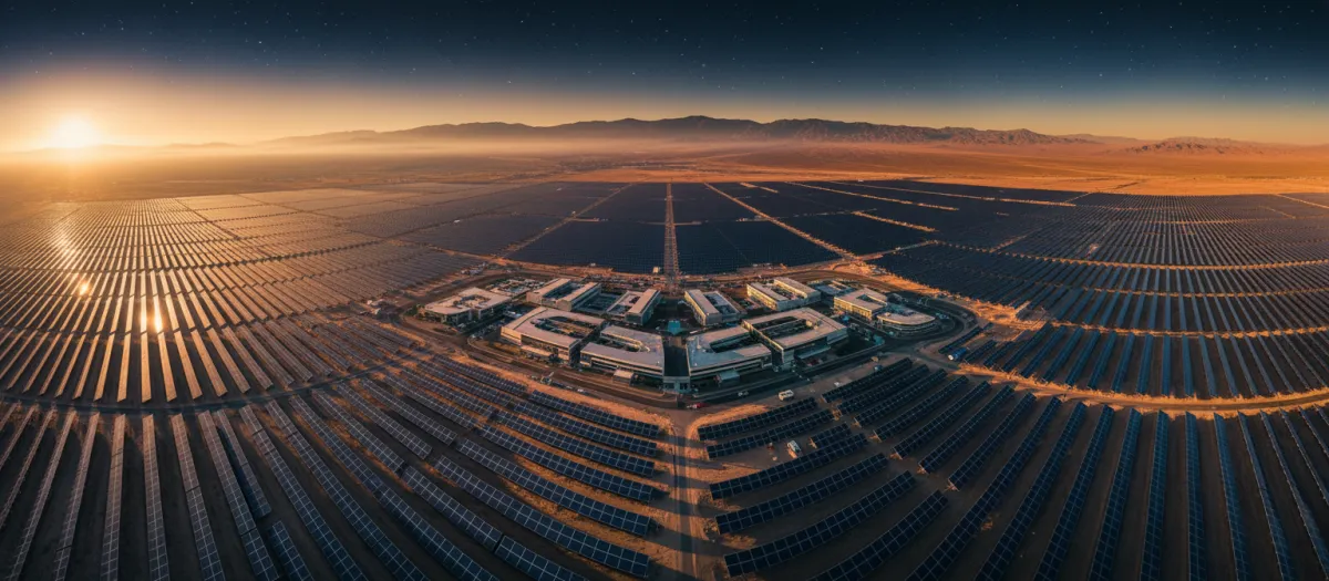 Cinematic aerial view of a Paradise Valley Development Group utility-scale solar facility at golden hour
