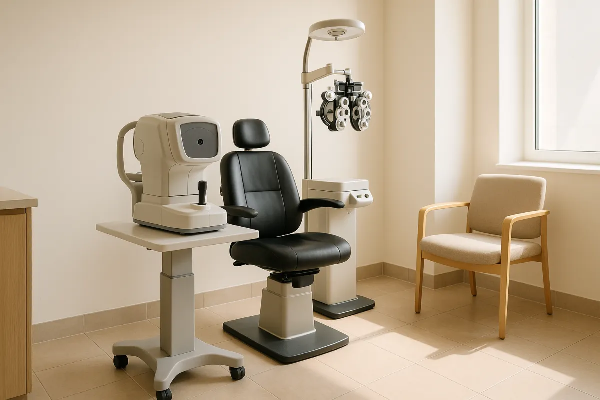 Bright modern clinic interior with exam lane equipment