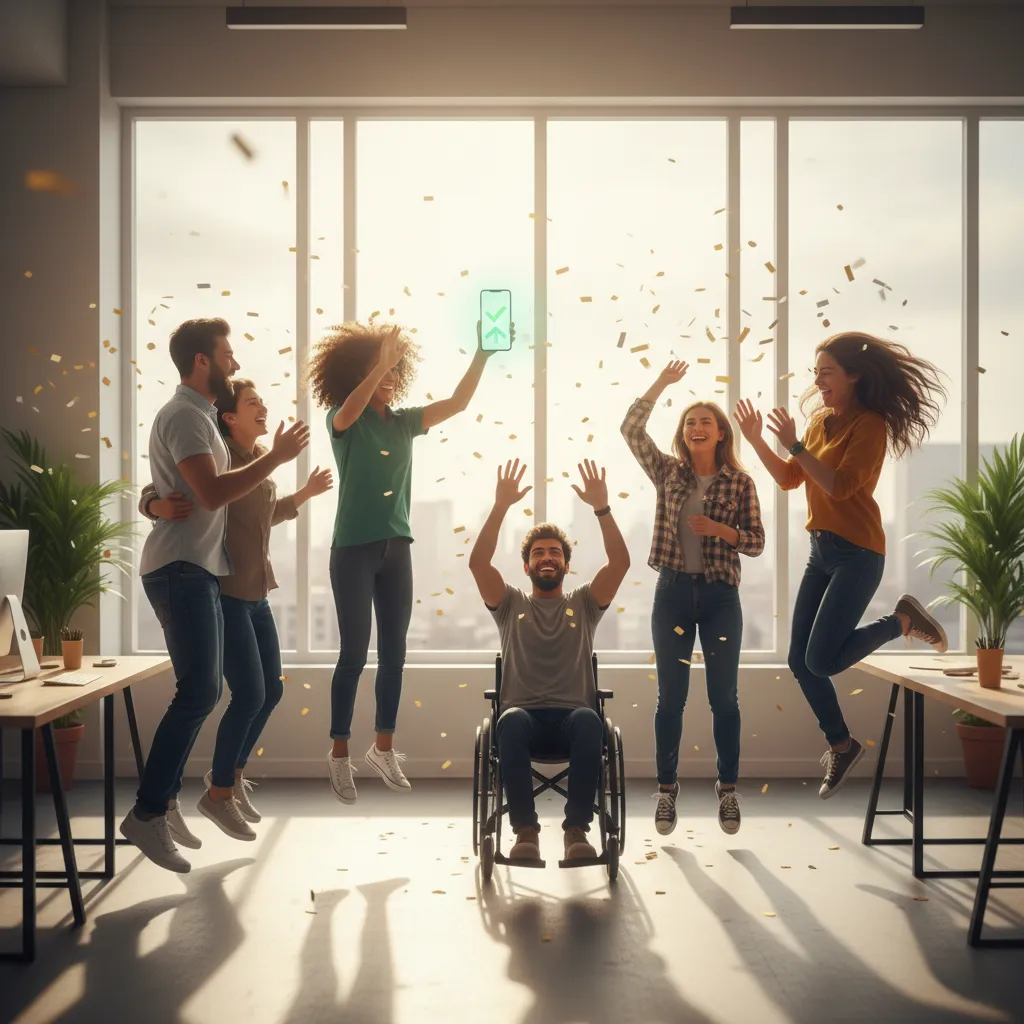A small business team celebrates in a bright office after receiving a funding approval notification on a smartphone. The group is diverse, energetic, and the environment is filled with natural light, symbolizing speed and success.
