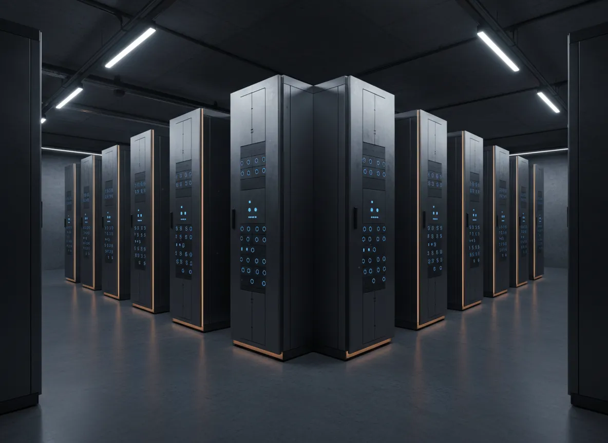 High-contrast architectural photography of advanced energy data center servers