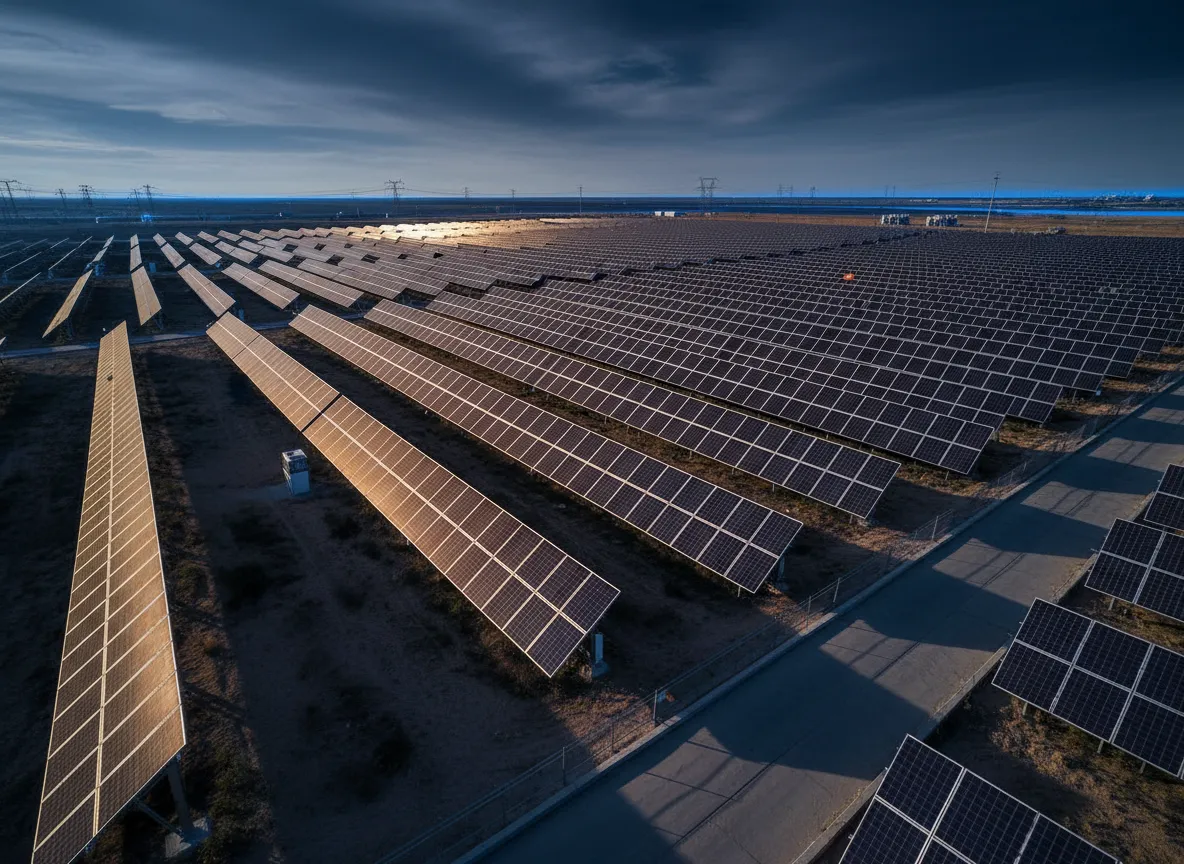 High-contrast architectural photography of utility-scale solar arrays