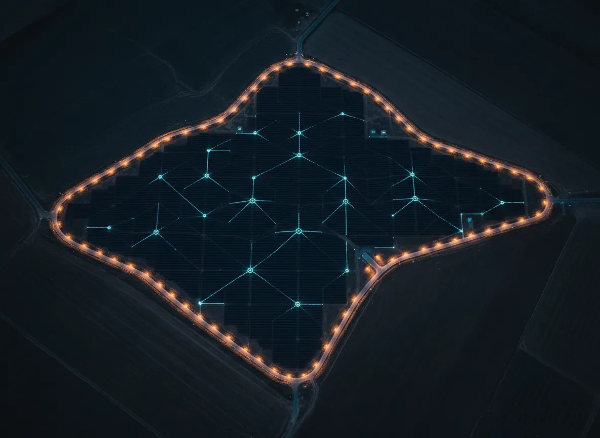 Aerial view of efficient land utilization and solar array layout