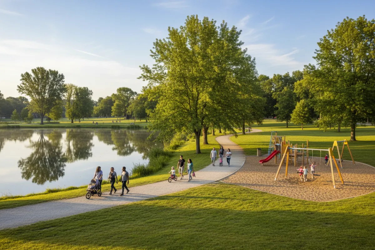 Parque familiar con lago, senderos y área de juegos que representa las amenidades al aire libre de las comunidades.