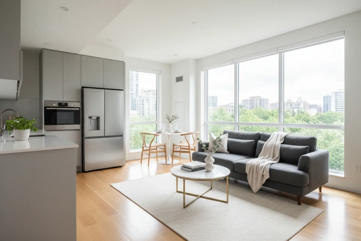 Sala de estar abierta y luminosa preparada para alquiler a corto plazo.