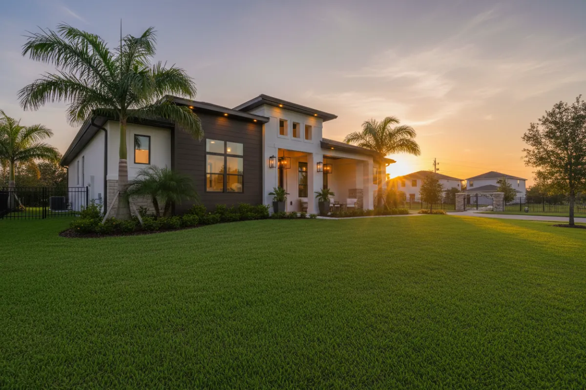 Casa unifamiliar en comunidad cerrada cerca de Davenport con césped cuidado al atardecer.