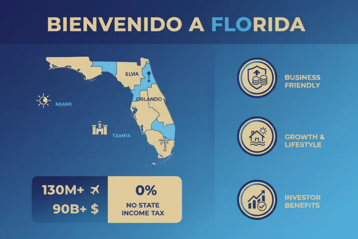 Infografía 'Bienvenido a Florida' con mapa, estadísticas de turismo y ventajas fiscales para inversores.