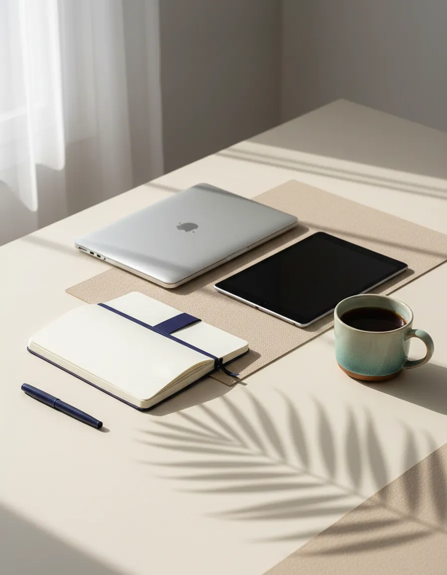 A serene coastal workspace reflecting clarity and calm