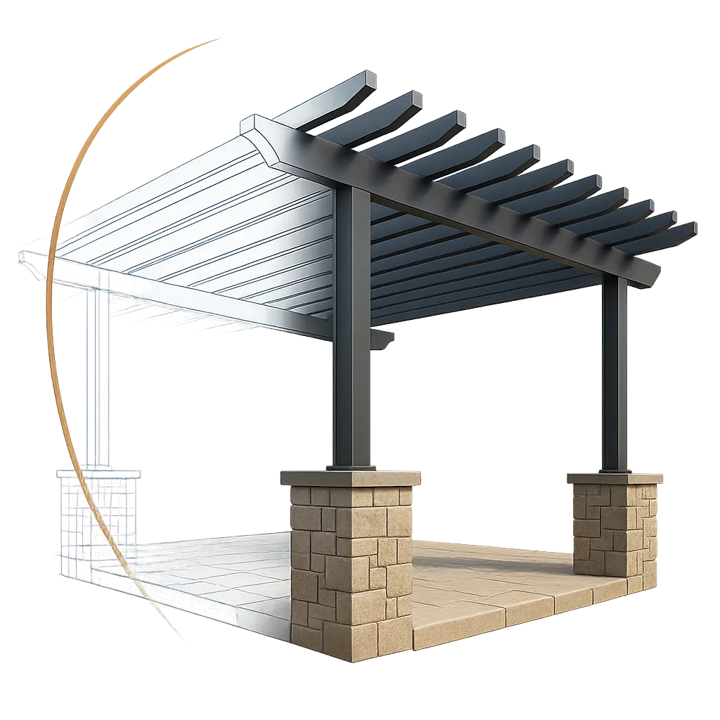 A high-end graphic of a blueprint overlapping a finished patio structure.