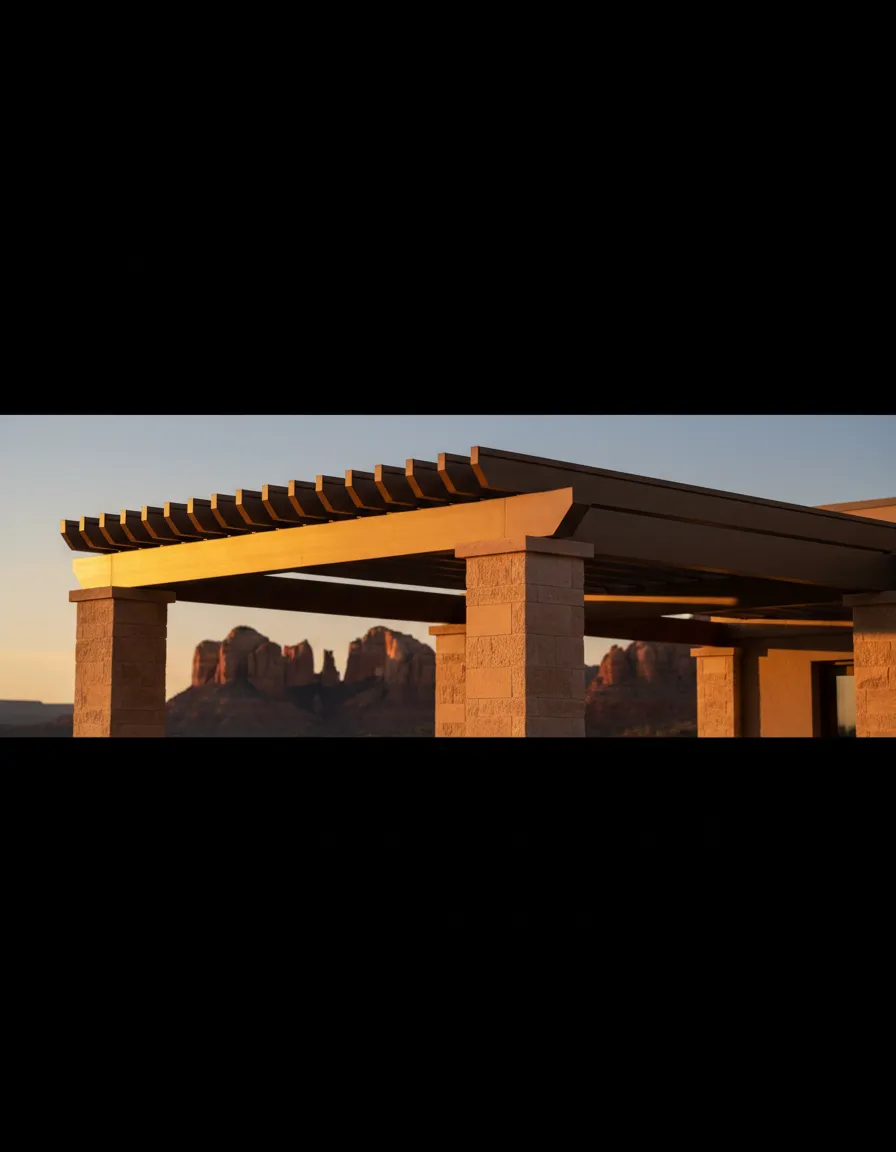 Sleek modern pergola with adjustable louvers creating sharp shade lines