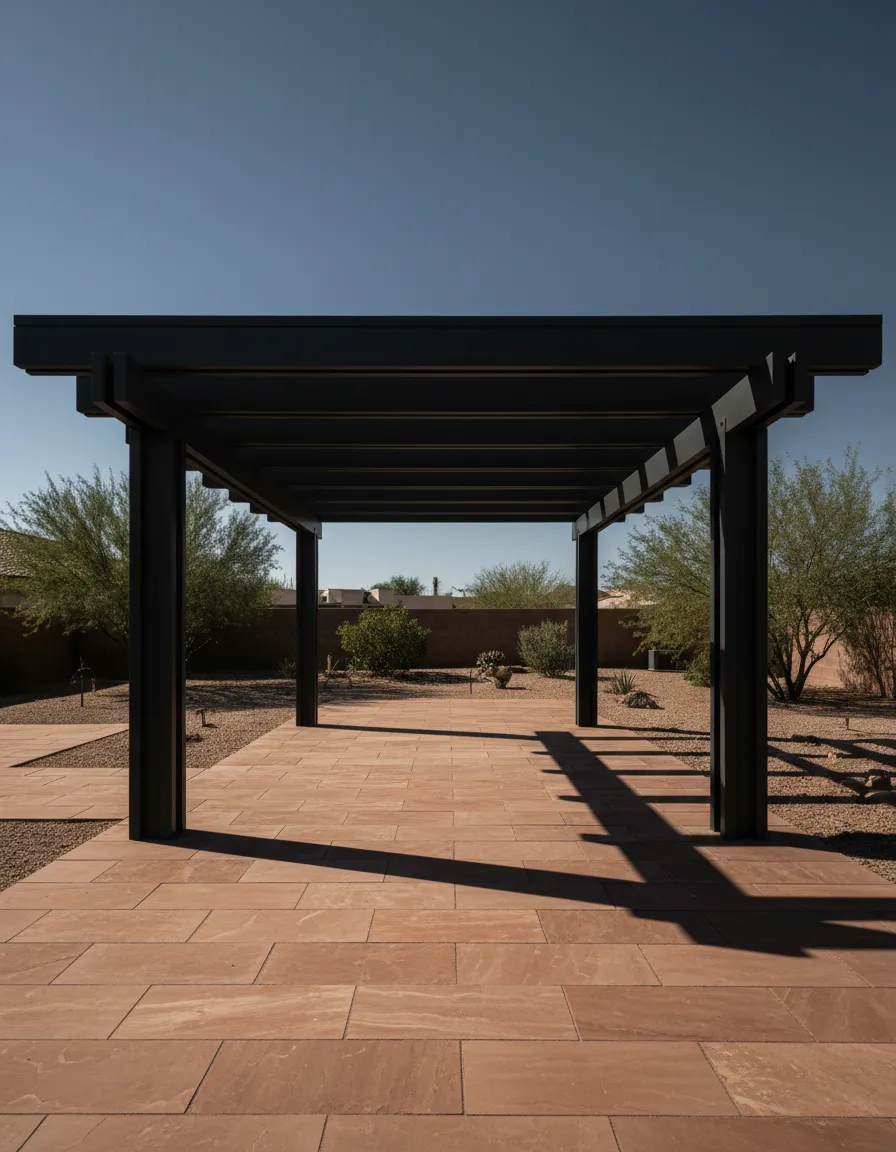 Solid construction patio cover integrated into luxury desert home