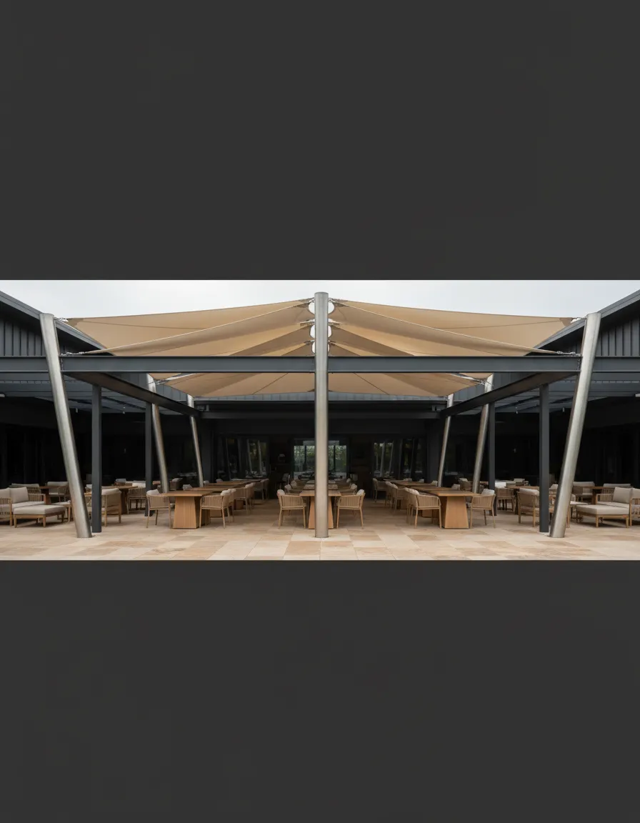 Heavy-duty commercial shade structure over outdoor dining area