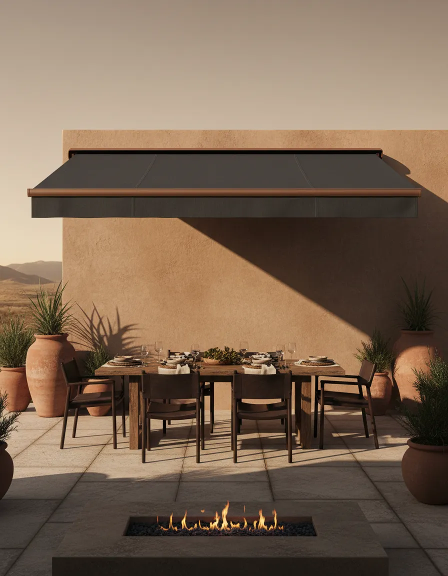 Custom fabric awning providing shade over a modern desert patio